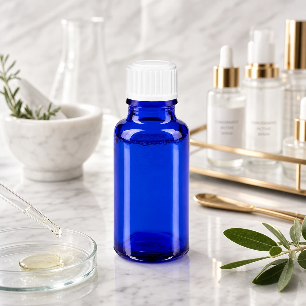 Apteekkipullo sininen 20ml ruuvikorkki valkoinen standardi Koboltinsininen 20 ml:n lasipullo, jossa on valkoinen kierrekorkki, laboratoriotarvikkeiden vieressä marmorilla