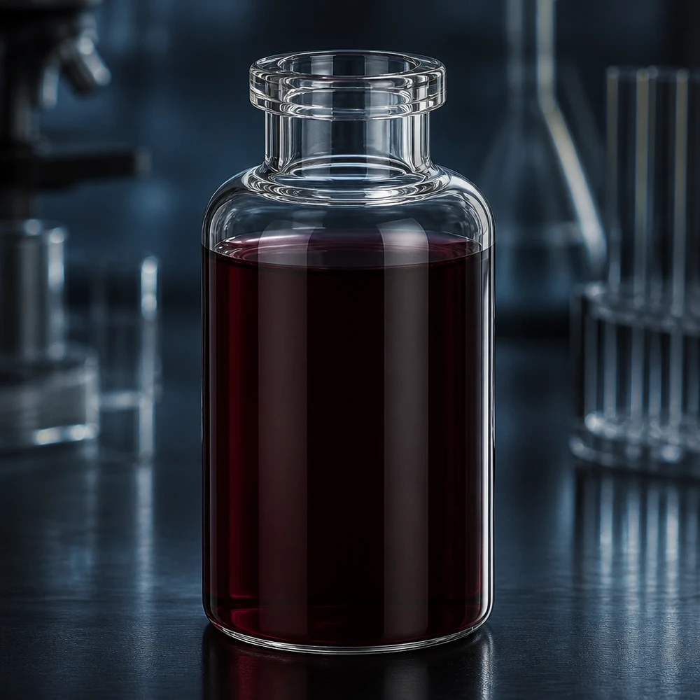 Medizinische Klarglasflasche 30ml fast vollständig befüllt mit dunkelroter Injektionslösung