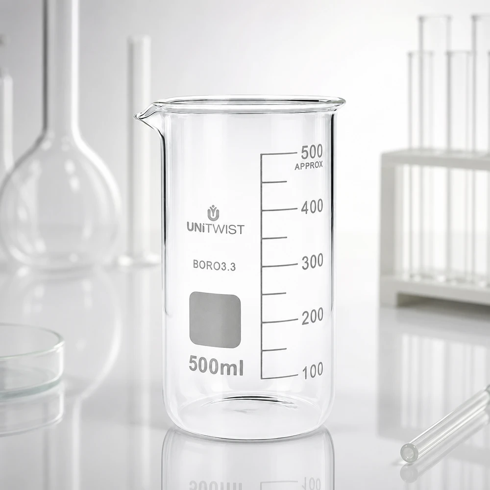 500 ml:n dekantterilasi, korkea muotti UNiTWIST Tyhjä, läpinäkyvä 500 ml:n UNITWIST-laboratoriomuki, korkea malli, jossa on mitta-asteikko valkoisella taustalla
