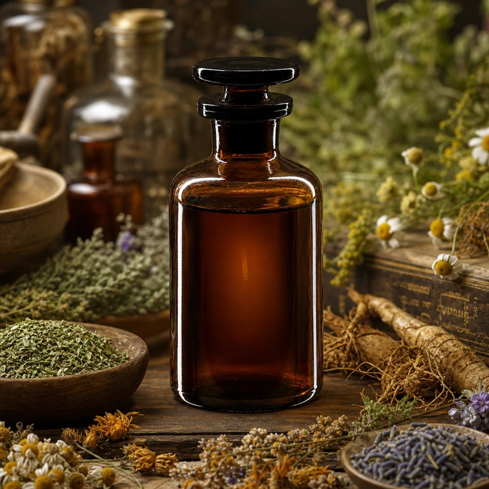 Pyöreä olkapääpullo 50ml ruskea kapeakaulainen lasitulppa Pyöreäolkapullon, 50 ml, ruskeaa lasia, kapeakaulainen ja lasitulpalla varustettu yrttiuutteille