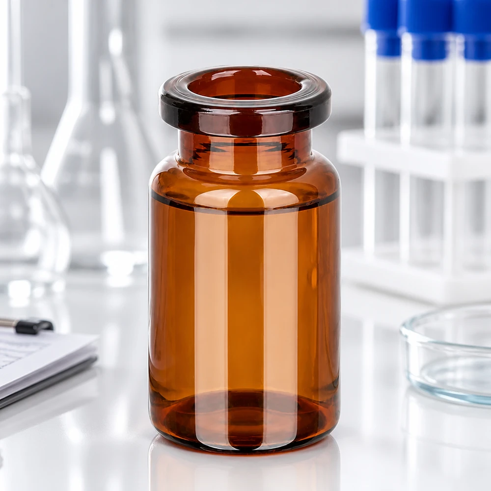 Injektiopullo meripihkanväristä lasia 5ml Kompakte Injektionsflasche 5ml Braunglas mit breiter Öffnung und stabilem Boden