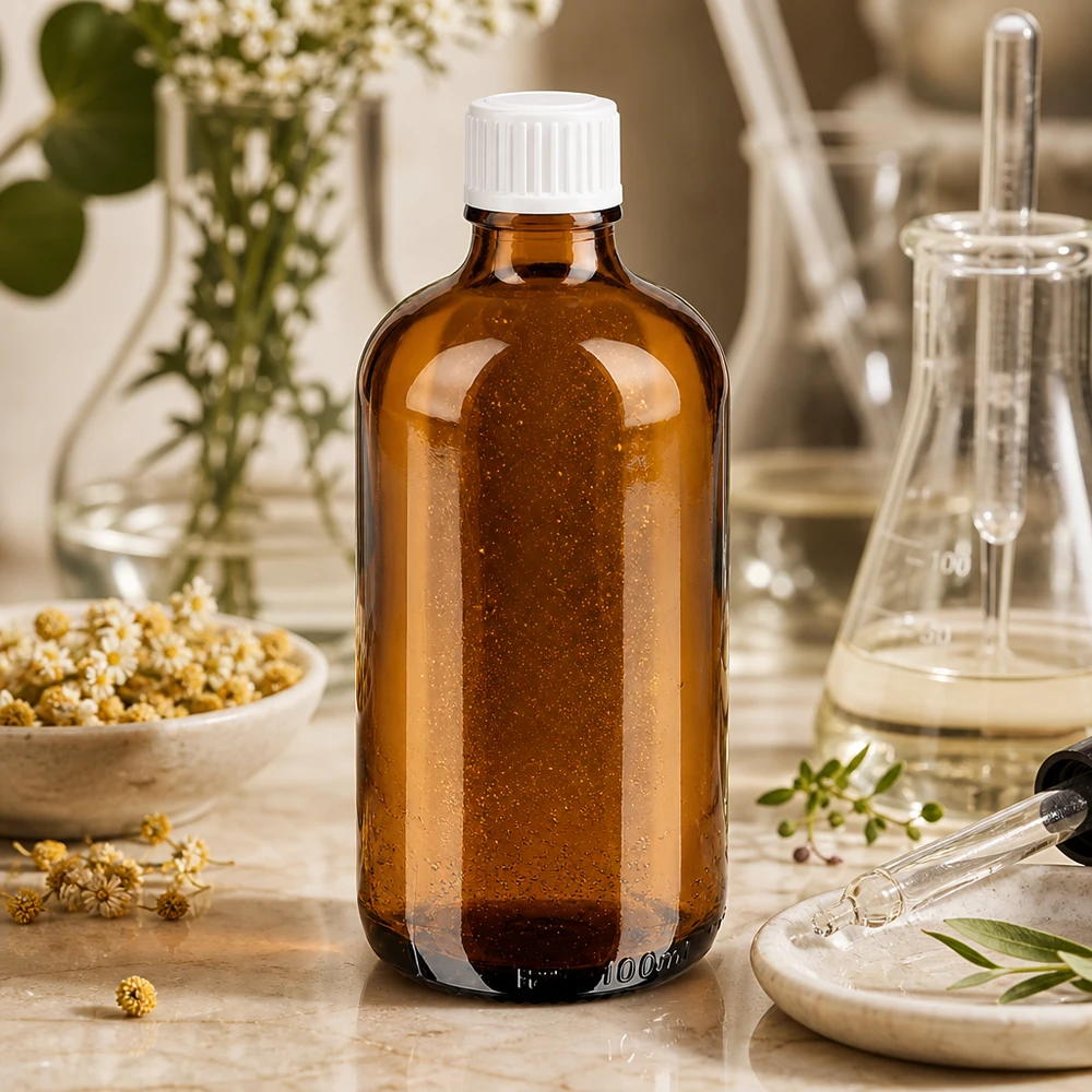 Apteekkipullo ruskea 100ml ruuvikorkki valkoinen standardi 100 ml:n ruskea apteekkipullo, jossa on valkoinen kierrekorkki, kamomillan ja laboratoriovälineiden välissä