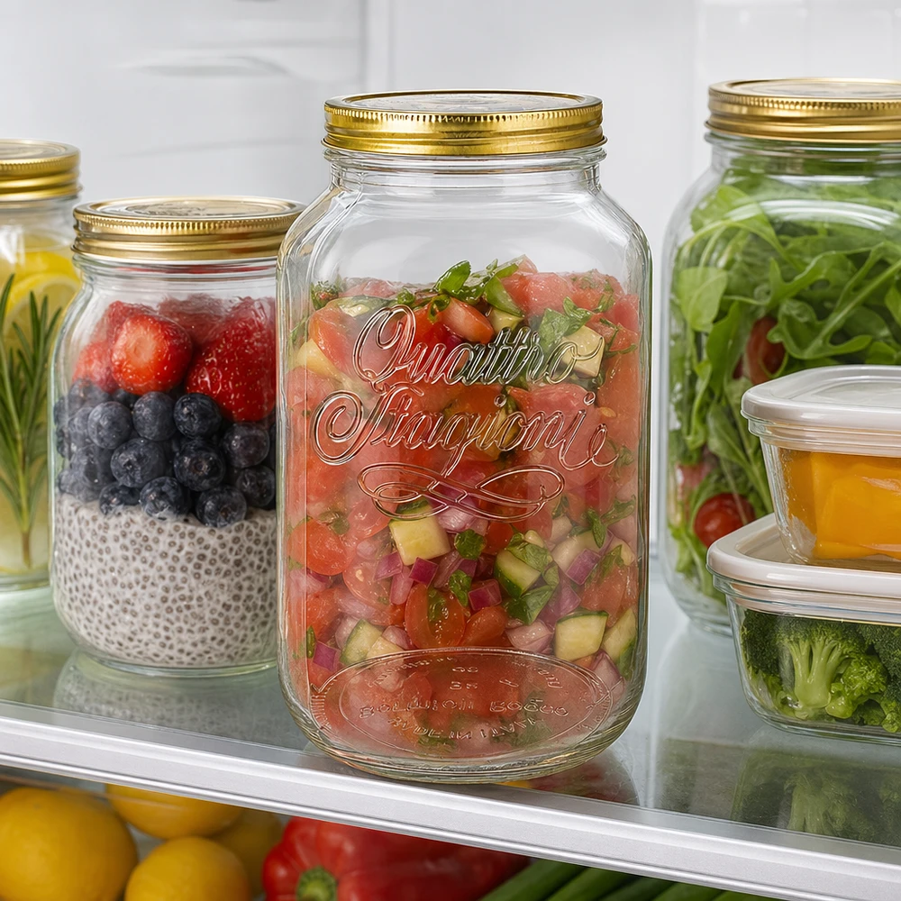 Quattro Stagioni 3800ml säilöntäpurkki täynnä salsaa ja marjoja jääkaapissa Meal Prep Storage
