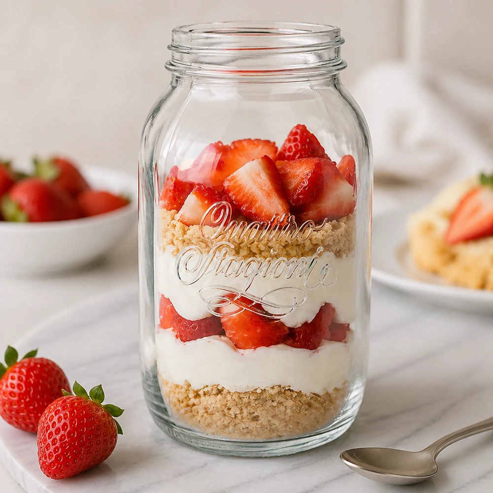 1500ml pyöreä purkki "Quattro Stagioni" QS86mm. Quattro Stagioni 1500ml Einmachglas mit Schichtdessert aus Erdbeeren und Creme - perfekt für Meal Prep und Aufbewahrung