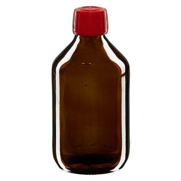 250ml lääkepullo ruskea, punainen korkki, jossa on peukaloinnin estävä rengas ApoGlas 250ml lääkepullo ruskea, punainen korkki, jossa on peukaloinnin estävä rengas ApoGlas