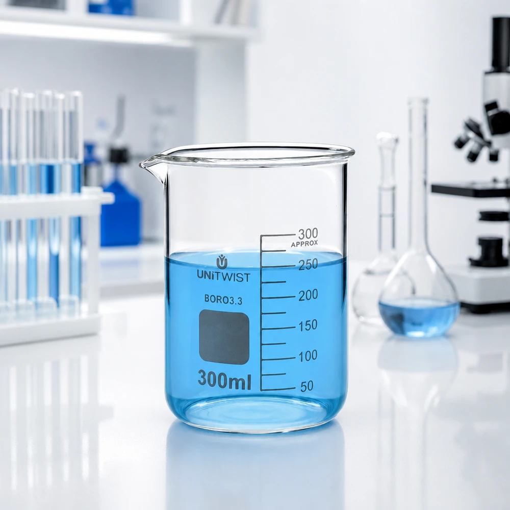 UNiTWISTin kirkas 300 ml:n laboratoriomuki, jossa on sinistä nestettä ja millilitra-asteikko
