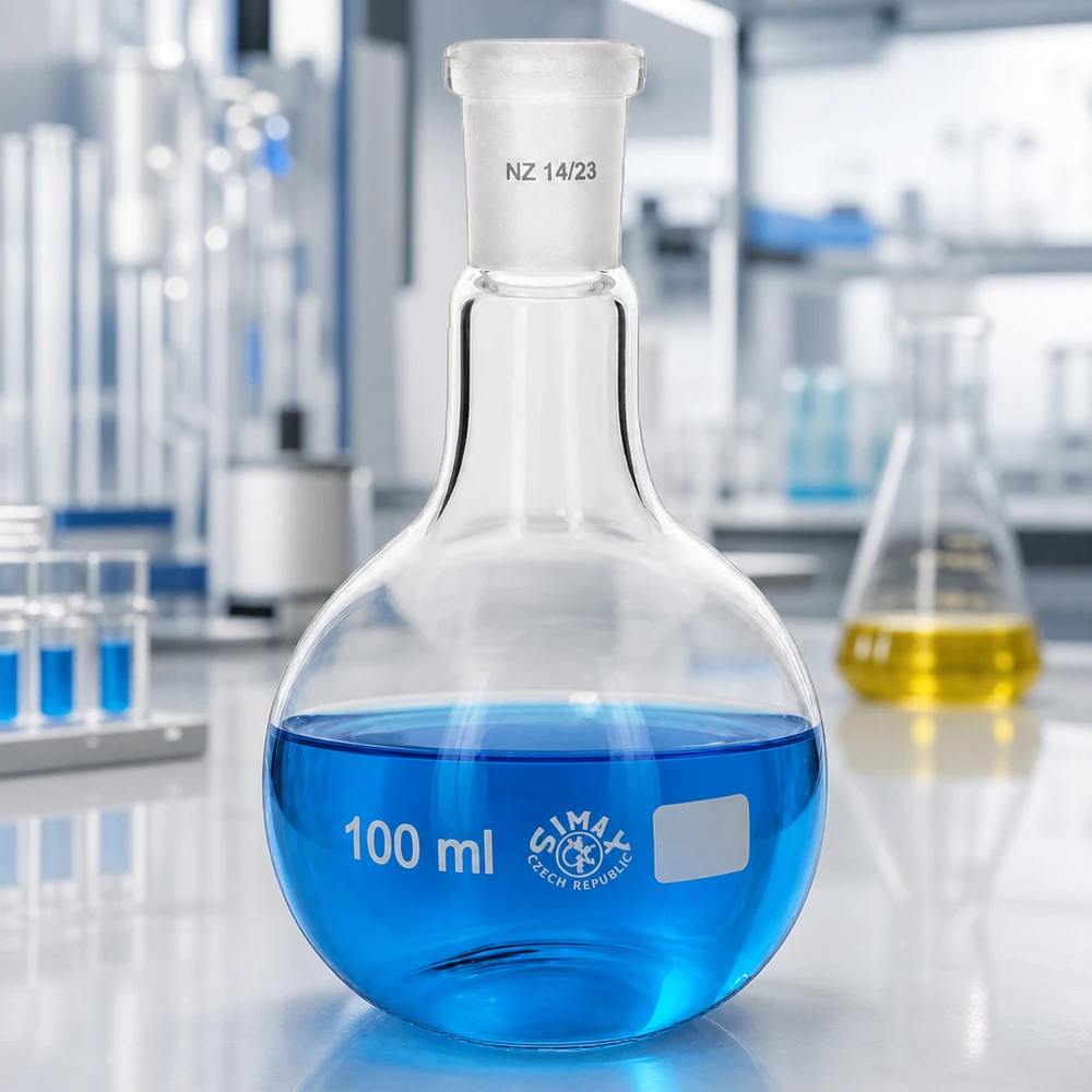Lantiopullo 100ml, jossa on vakiohionta (14/23). 100 ml:n tislauspullo, jossa on sinistä nestettä ja standardoitu jauhettu liitos 14/23