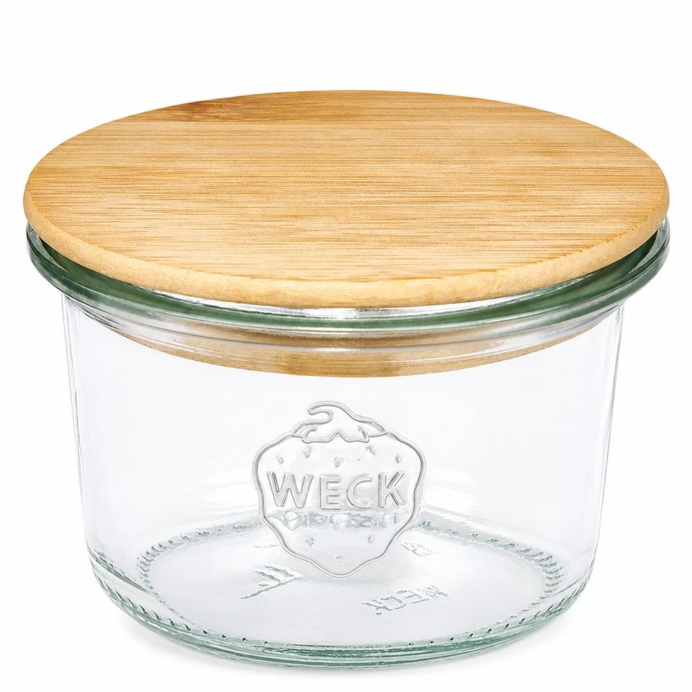 WECK-maljat 80ml RR60, joissa on puinen bambukansi säilytykseen ja säilöntään.