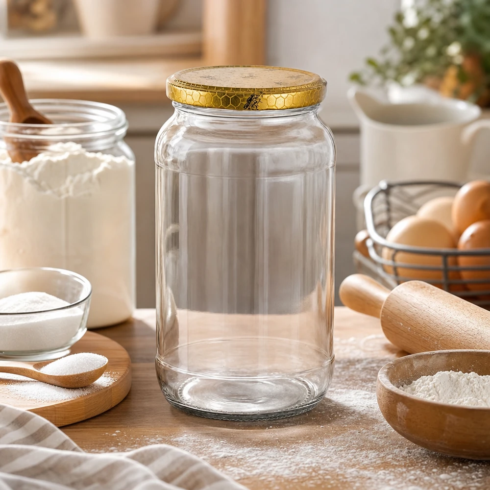 1062ml pyöreä purkki tyhjä keittiössä kohtaus leivonta ainekset jauhot munat valssauspuikko kultainen hunajakenno kansi säilytys purkki