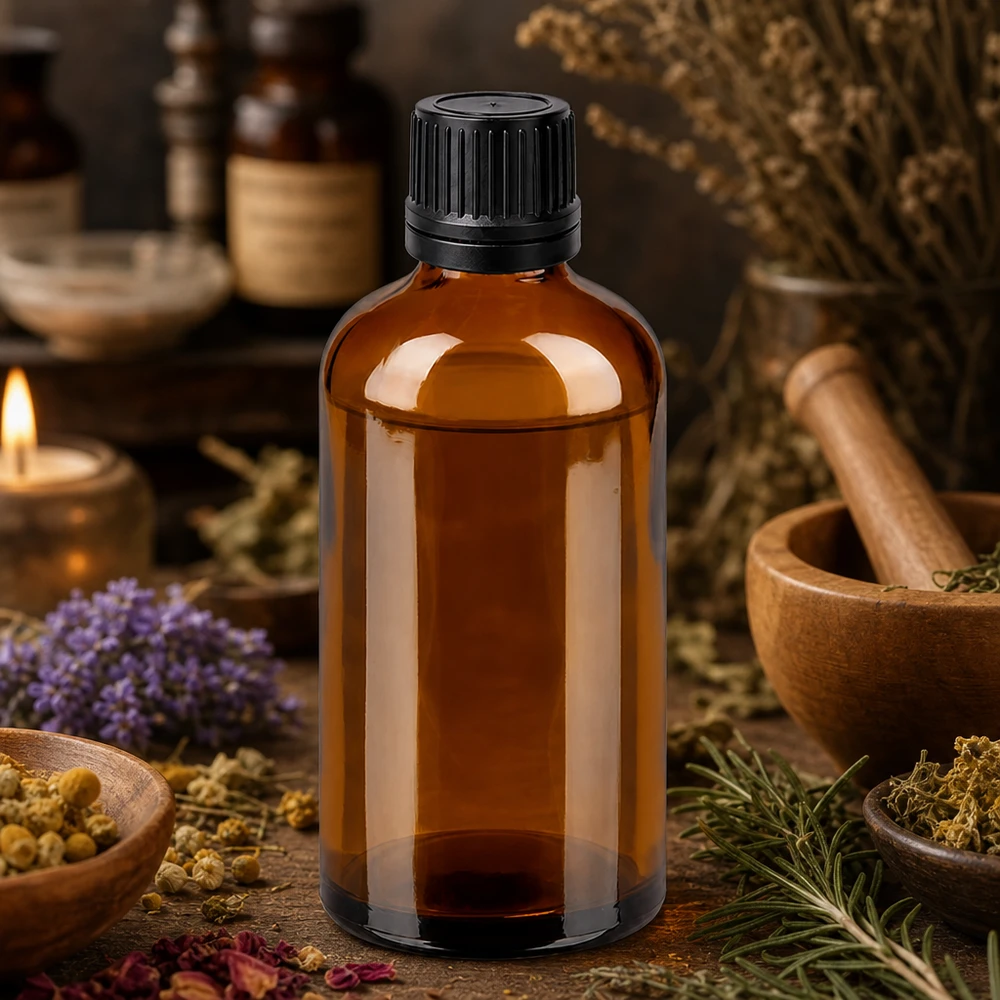 Korkealaatuinen 100ml tippapullo, jossa on musta korkki aromaterapiasovelluksiin.