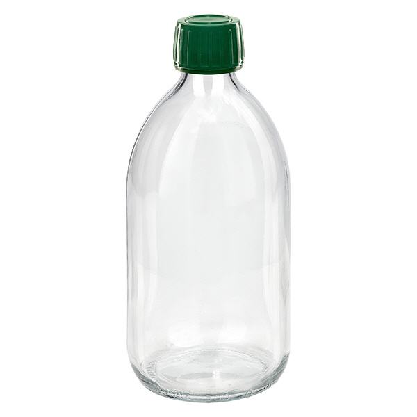 500ml kirkas lääkepullo, vihreä korkki, jossa on peukaloinnin estävä sormus ApoGlas
