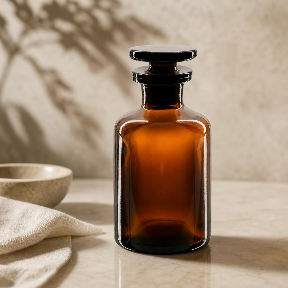 50 ml:n meripihkavärinen lasipullo, jossa on litteä tulppa, eteerisille öljyille ja aromaterapiaan