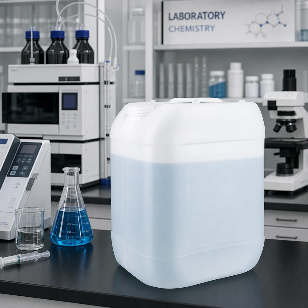Tyhjä 20 litran HDPE-kanisteri ilman korkkia, läpikuultava, laboratoriopöydällä Erlenmeyer-pullon vieressä