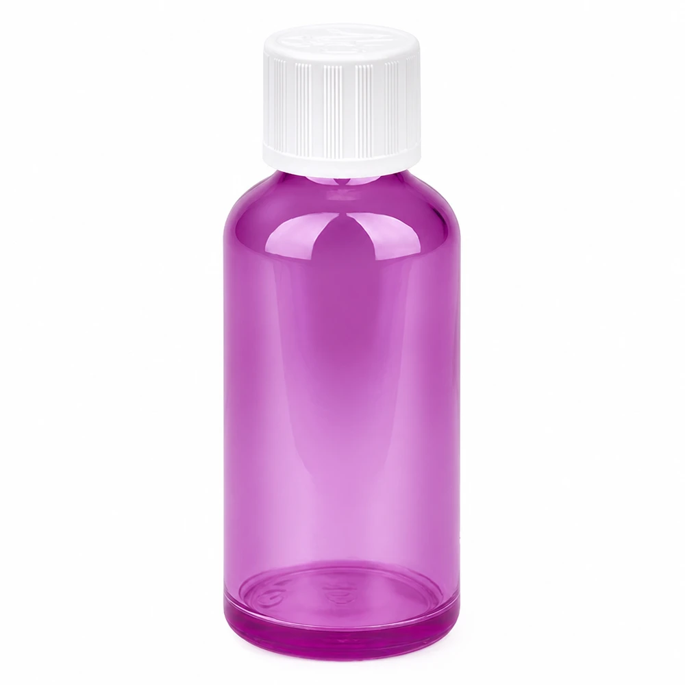 50ml violetti lasipullo valkoisella ruuvikorkilla kosmetiikkaan ja lääkkeisiin.