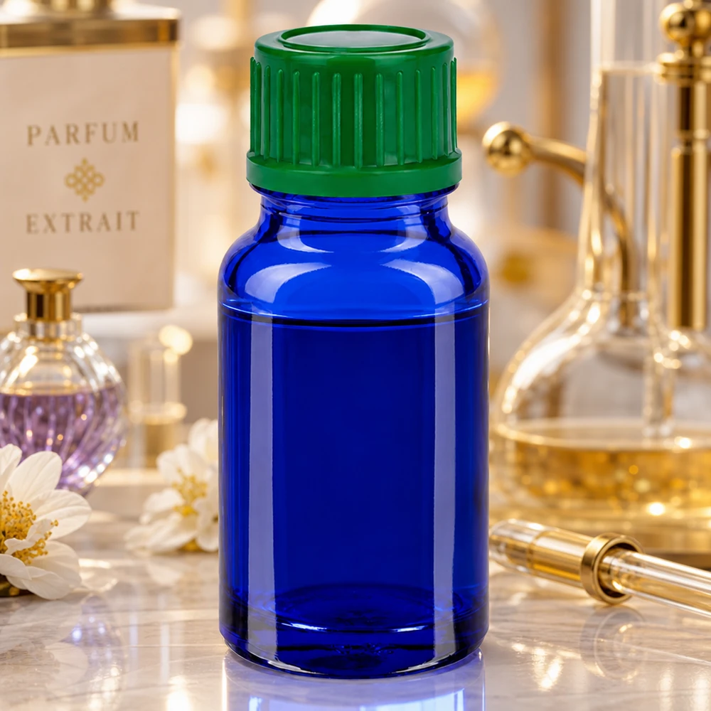 10ml koboltinsininen lasipullo vihreällä korkilla STD BlueLine UT18/10 hajuvesille ja uutteille.