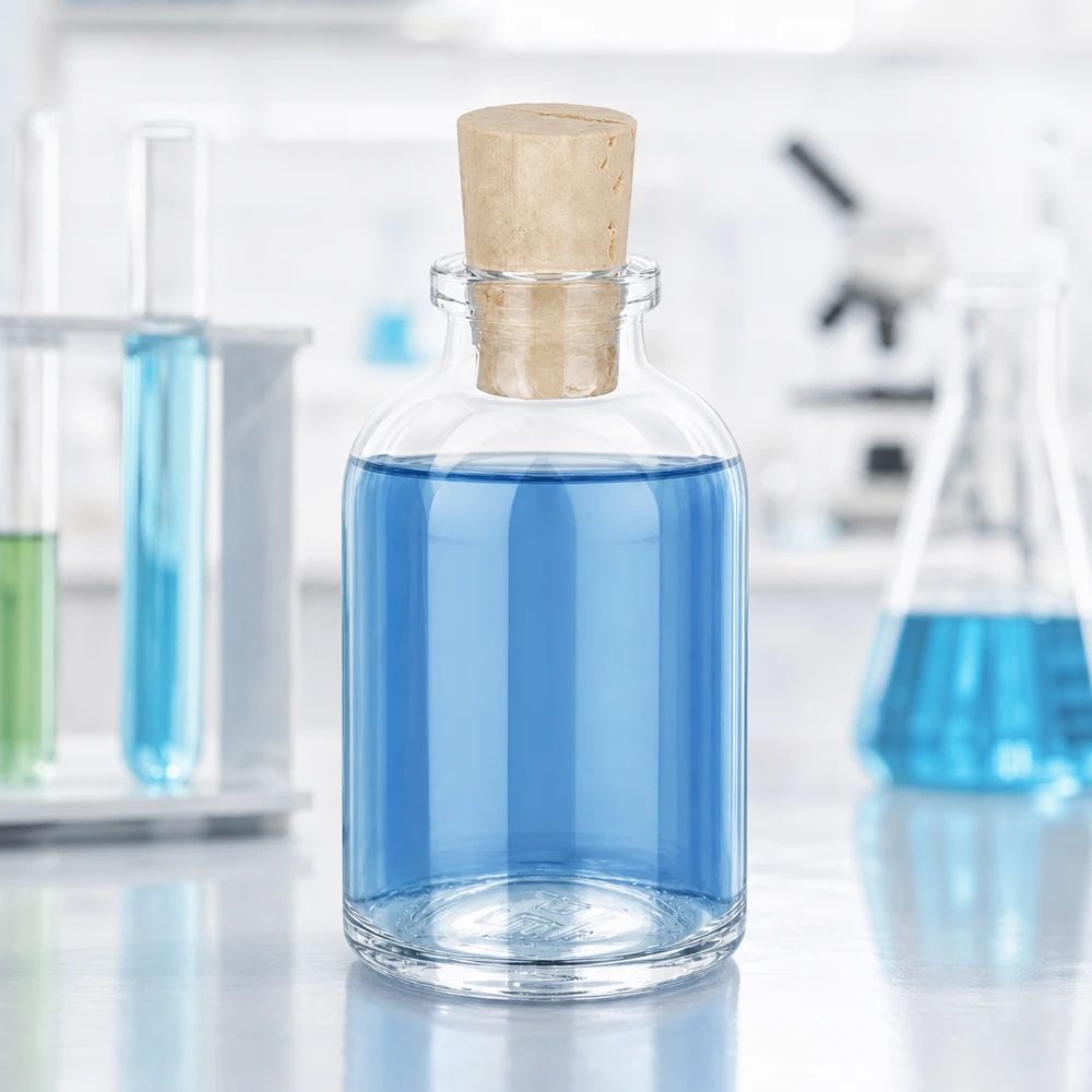Bauchige Vorratsflasche aus Klarglas 50ml mit konischem Naturkorken Laborausstattung