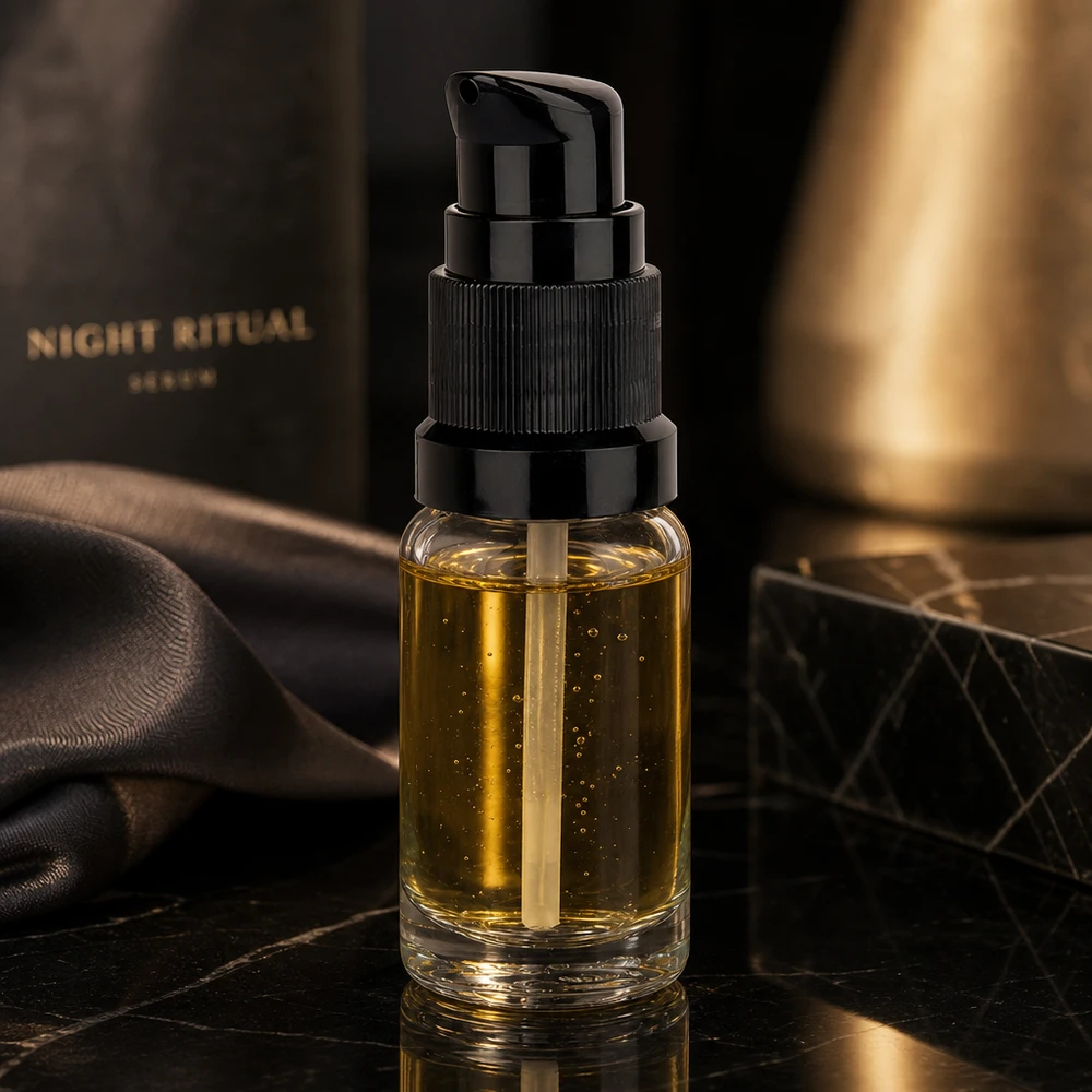 10ml pumppupullo musta vakiokorkki ClearLine UT18/10 Läpinäkyvä 10 ml:n pumppupullo, jossa on musta korkki ja joka on täytetty kultaisella yöseerumilla