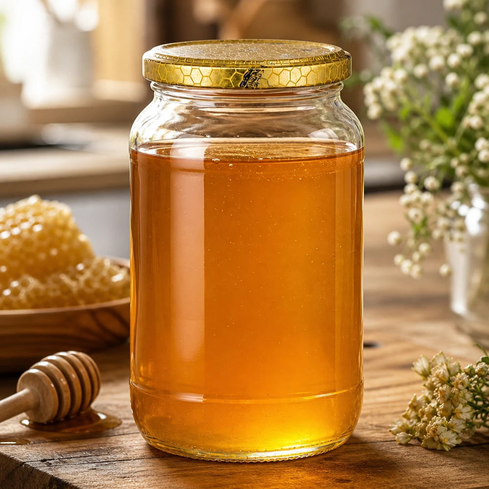 1062ml Rundglas mit goldenem Bienenwabe-Deckel gefüllt mit Honig neben Waben und Honiglöffel natürliche Küchendeko