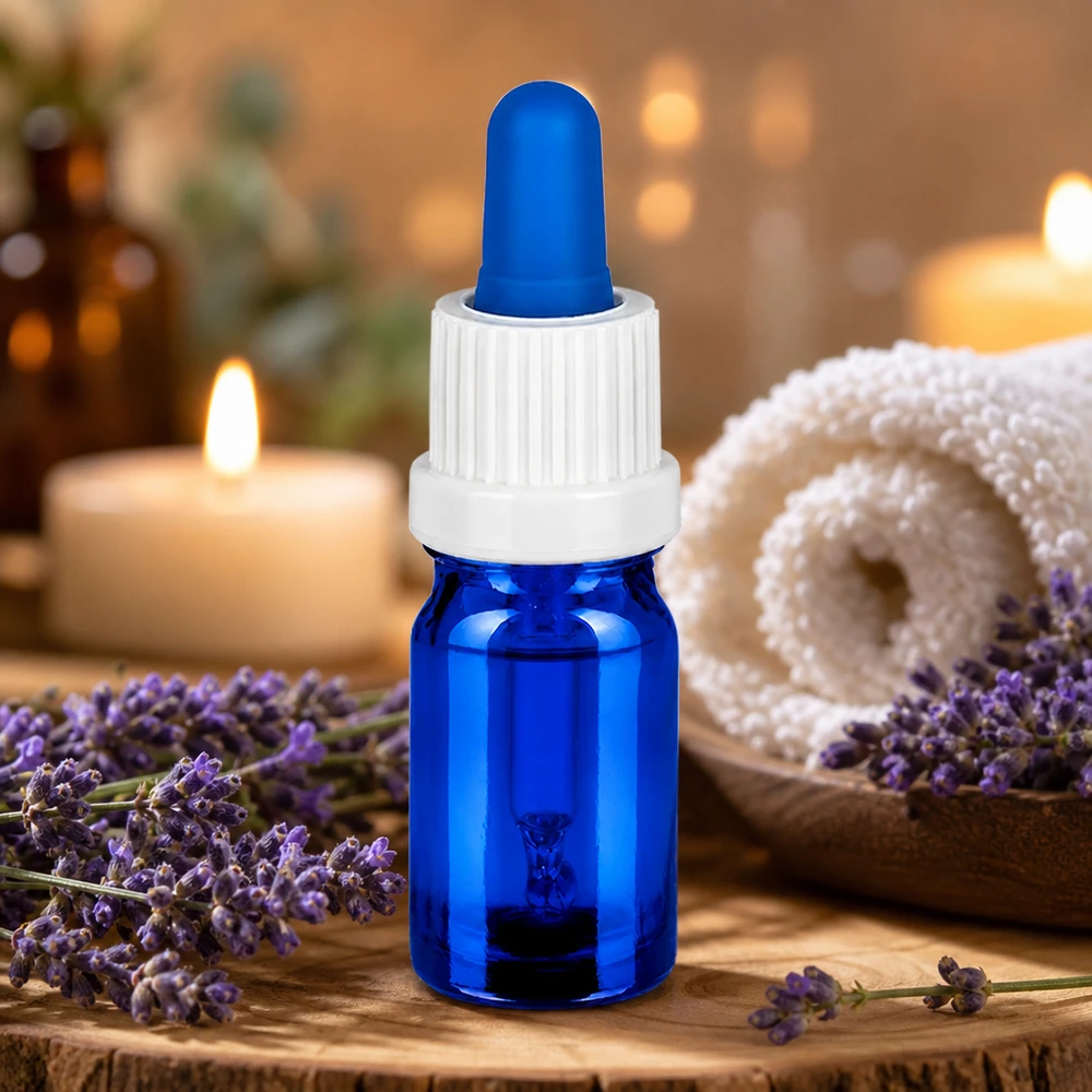 Ammattimainen 5ml BlueLine pipettipullo valkoisella UT18-korkilla aromaterapiaan ja kosmetiikkaan.