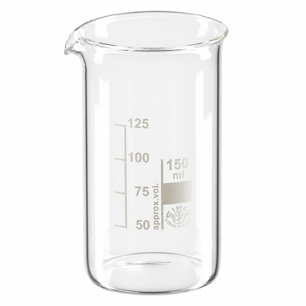 150 ml:n korkea borosilikaattilasinen mittalasi, jossa on millilitra-asteikko ja kaatonokka