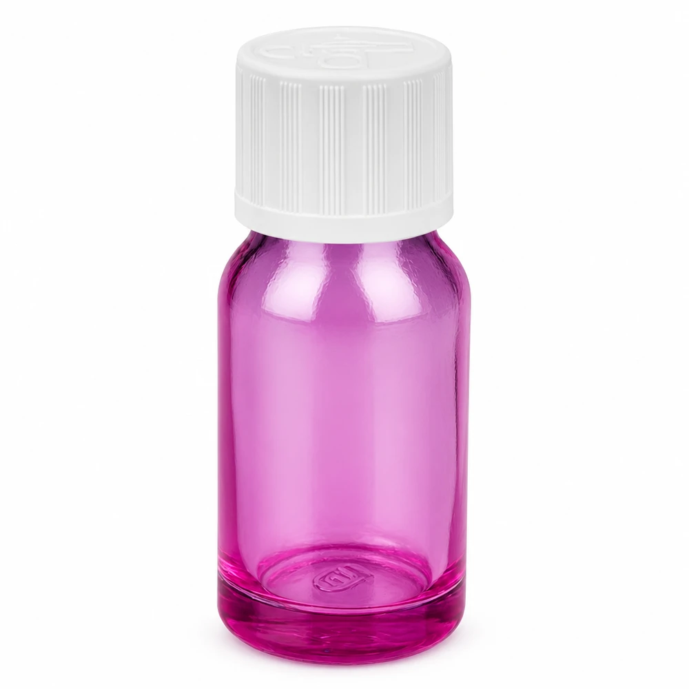 10ml violetti lasipullo valkoisella kierrekorkilla eteerisille öljyille ja kosmetiikalle.