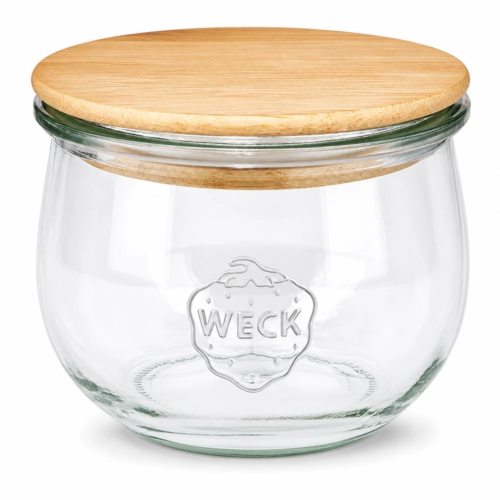 580ml tulppaanipurkki WECK RR100, jossa on puukansi WECK tulppaanipurkki 580ml RR100 luonnonpuukannella - kirkas lasinen säilytyspurkki WECK-logolla varustettuna