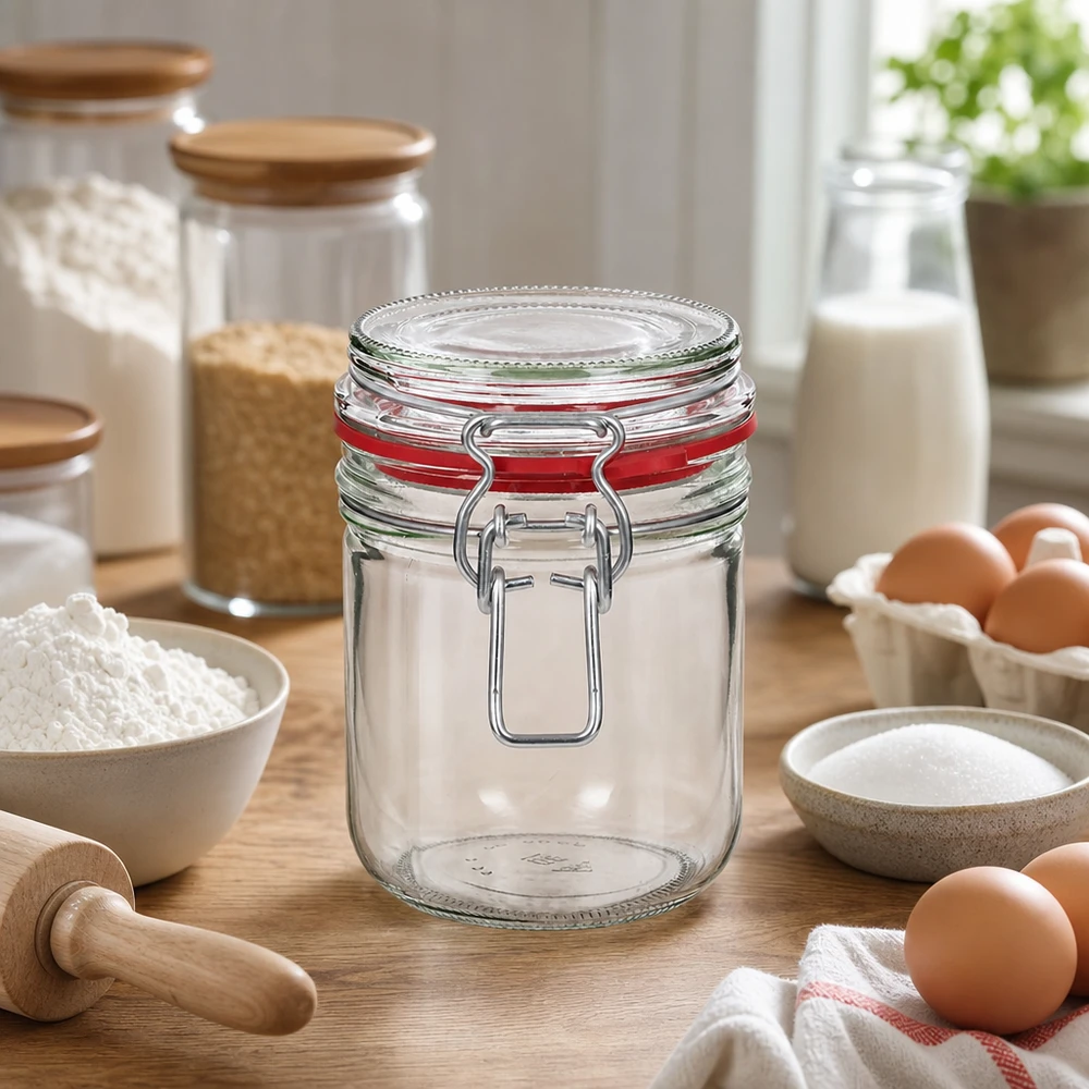 400 ml:n säilytyspurkki, tyyppi G, kauluslukolla UN.. Vankka 400 ml:n kirkas lasinen säilytyspurkki, jossa on kääntyvä kansi moderniin keittiön organisointiin.