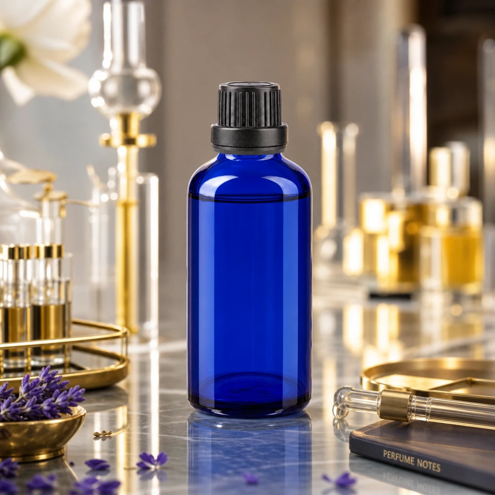 Apteekkipullo sininen 50ml tiputuskorkki valurengas 2mm musta peukaloinninesto suljin 50 ml:n koboltinsininen apteekkipullo, jossa on musta kierrekorkki, marmoripinnalla laboratoriomaisessa ympäristössä