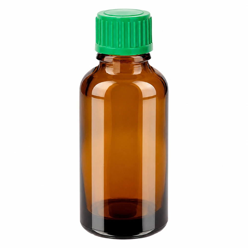 30ml tippapullo 0.8mm vihreä vakiokorkki BrownLine UT18/30 30ml meripihkanvärinen lasinen tippapullo, jossa on vihreä korkki tarkkaa annostelua varten.