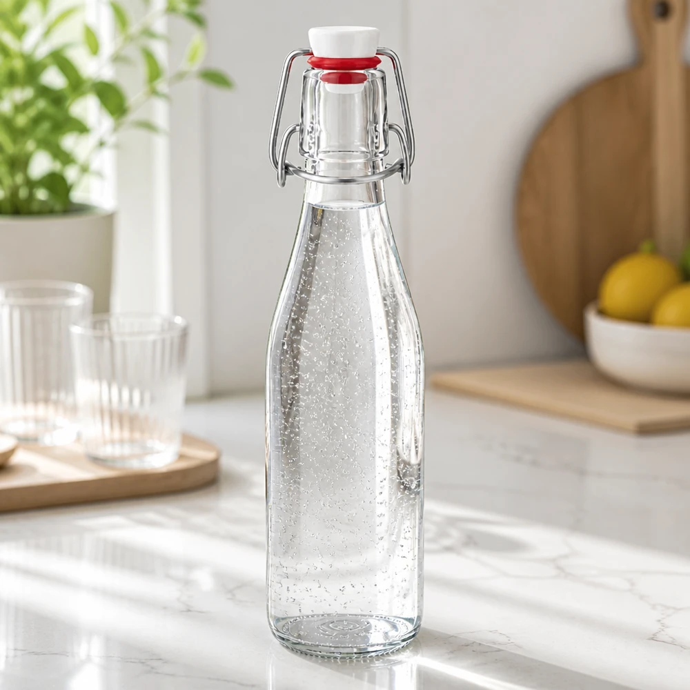 250ml lasipullo + kääntyvä korkki PVC UNiTWIST 250ml lasipullo, jossa on keinukorkki ja joka on täytetty kivennäisvedellä, moderni marmorinen keittiön työtaso ja lasit