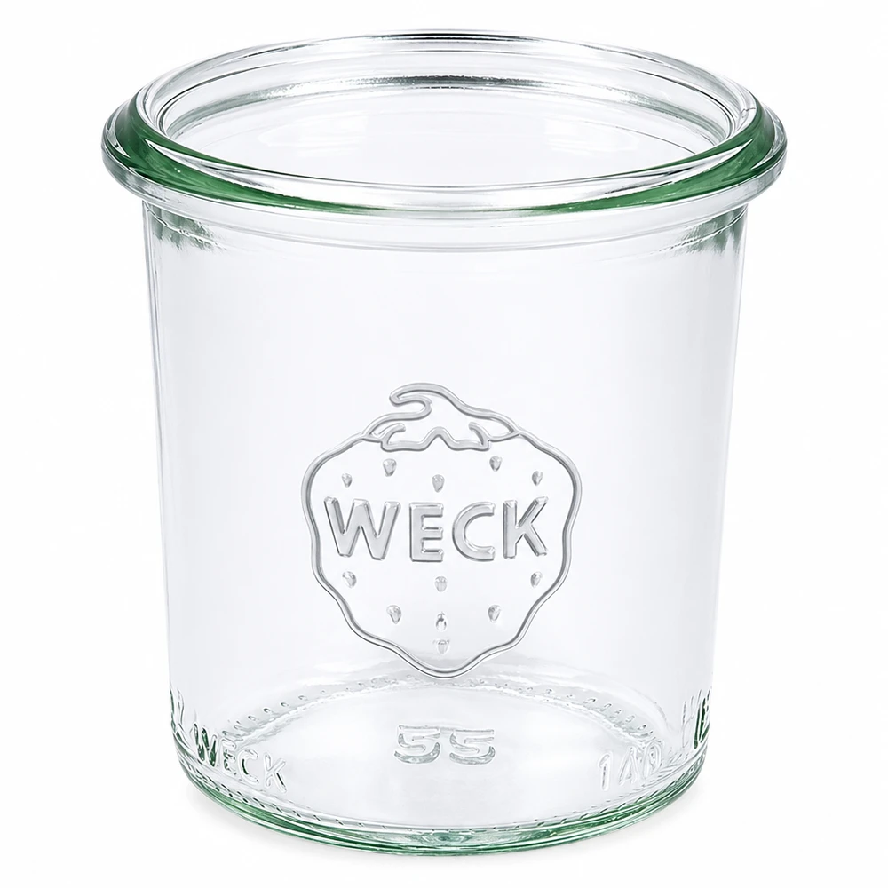 140ml WECK RR60 mason-purkki kirkkaasta lasista, jossa on WECK-logo ja vihreä tiivistysrengas säilöntään