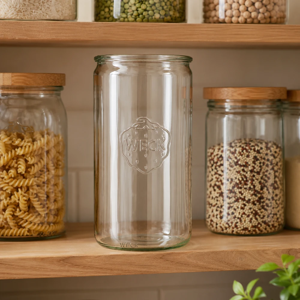 1590 ml:n sylinterimäinen WECK RR100 -lasipurkki WECK 1590ml sylinteripurkki RR100 tyhjänä keittiössä täytettyjen säilytyspurkkien välissä, joissa on pastaa ja viljaa puuhyllyllä.