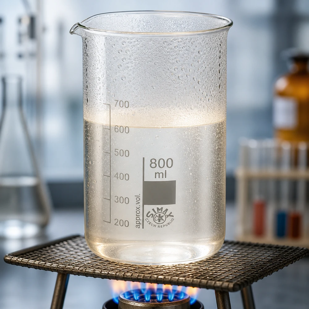 800 ml:n tilavuinen, korkea beaker-lasipullo, jota on lämmitetty Bunsen-polttimella ja joka sisältää kirkasta nestettä 650 ml:n täyttötasoon asti