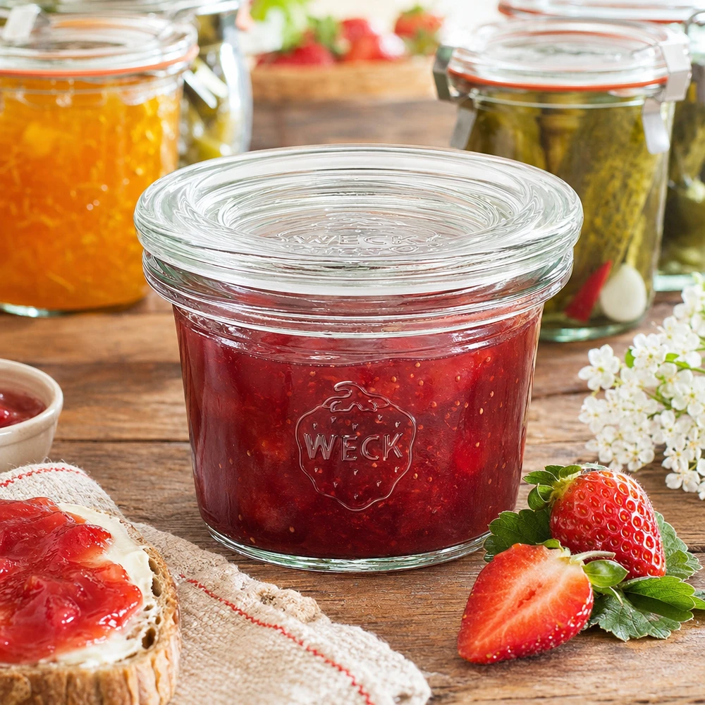 WECK 35ml RR40-purkki täynnä punaista mansikkahilloa tuoreiden mansikoiden ja hilloleivän vieressä.