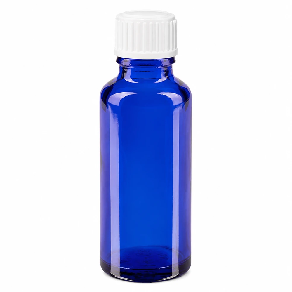 Apteekkipullo sininen 30ml ruuvikorkki valkoinen glossi vakio. 30 ml:n sininen lasinen apteekkipullo, jossa on valkoinen 3 mm:n tippakorkki, tarkoitettu farmaseuttiseen ja kosmeettiseen käyttöön