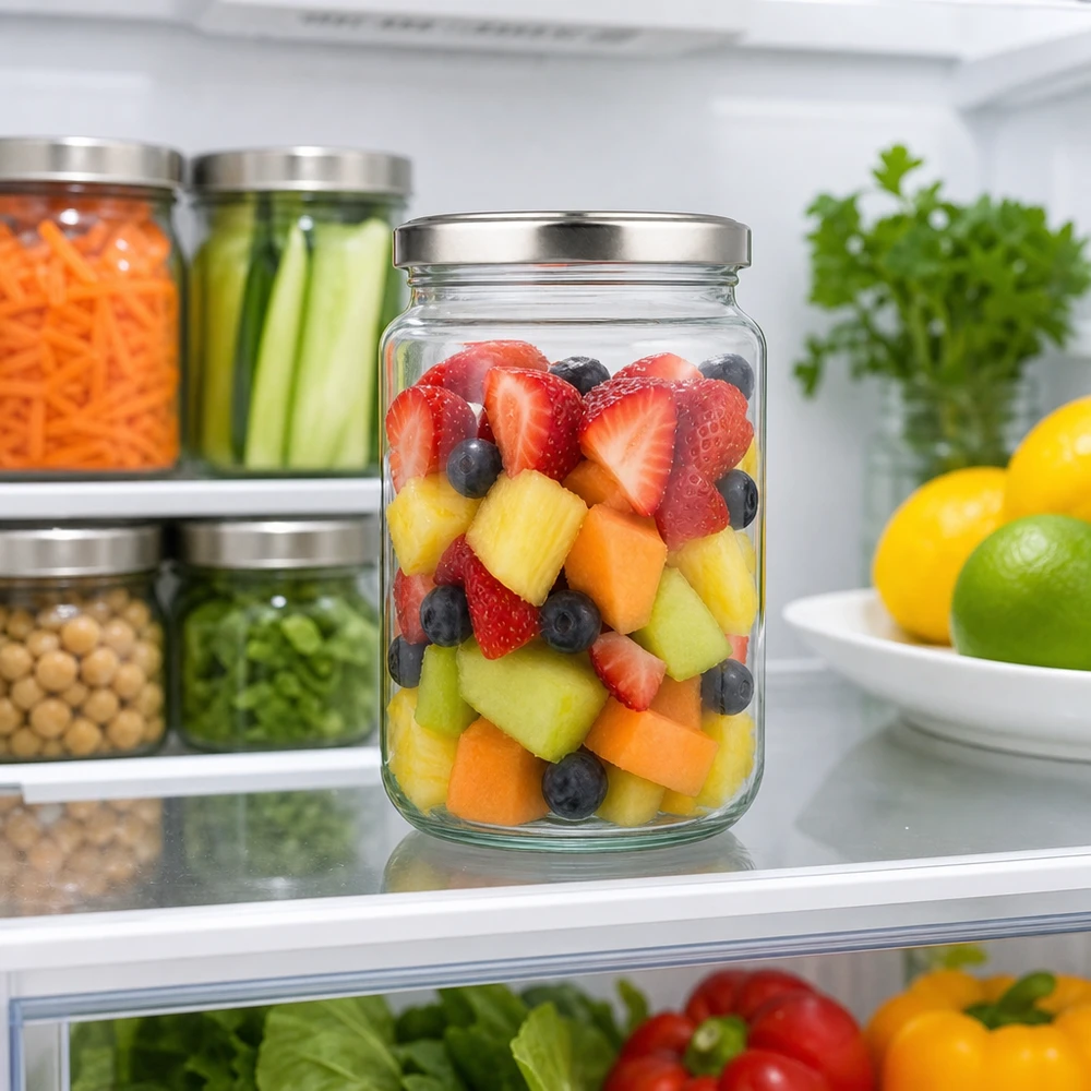 382ml pyöreä purkki, jossa on hopeinen kansi täynnä hedelmäsalaattia jääkaapissa Food Prep Meal Prep säilytyspurkki