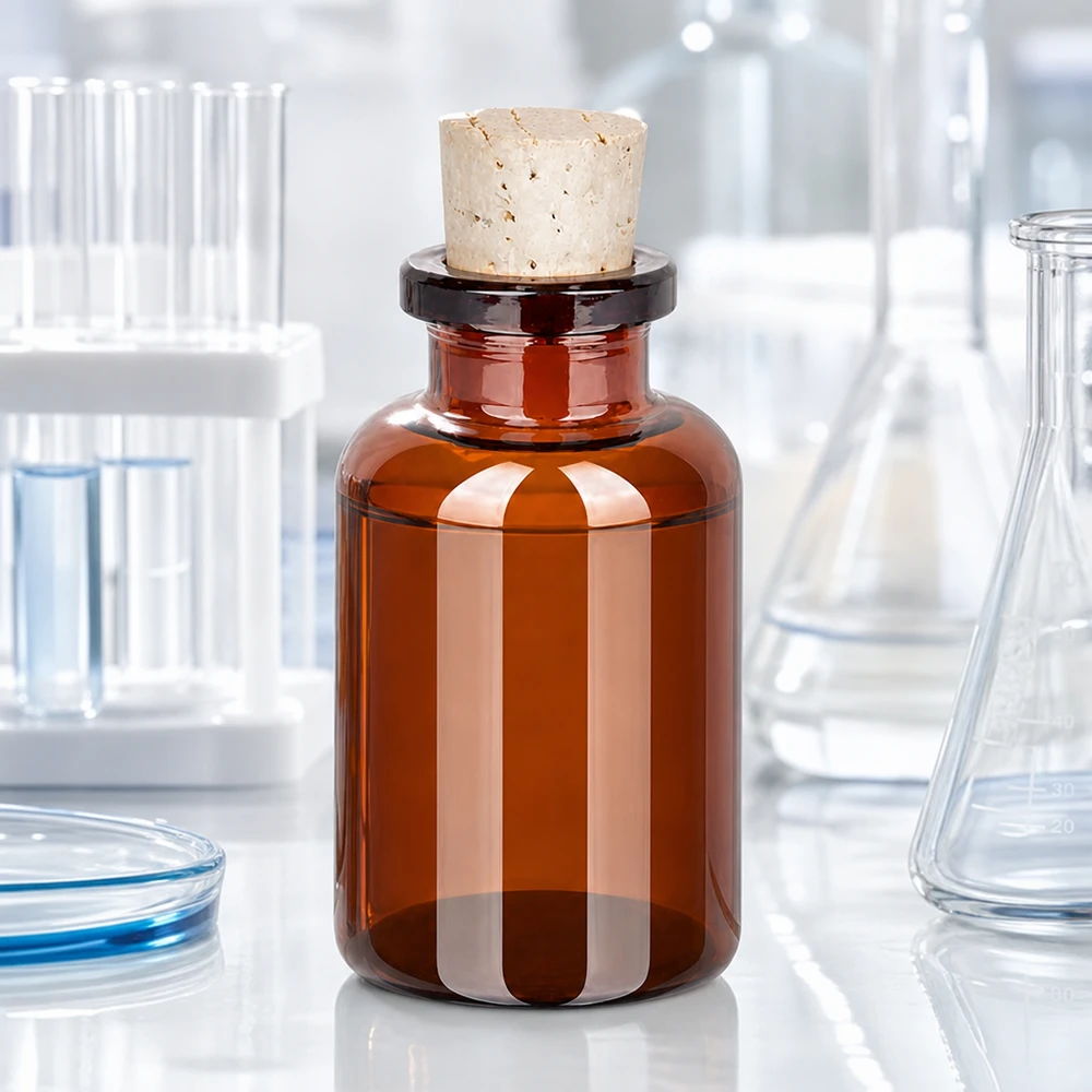 Dunkle Glasflasche 20ml mit Korkstopfen zum Schutz vor UV-Licht im Labor