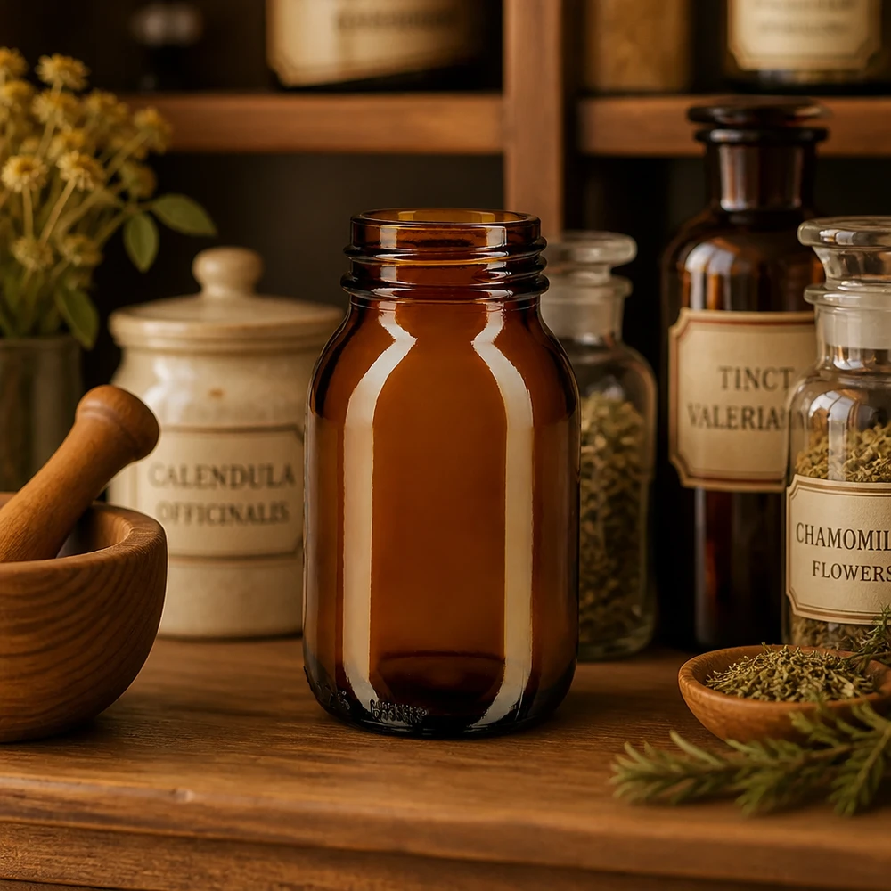 125 ml leveäkaulainen pullo meripihkanväristä lasia