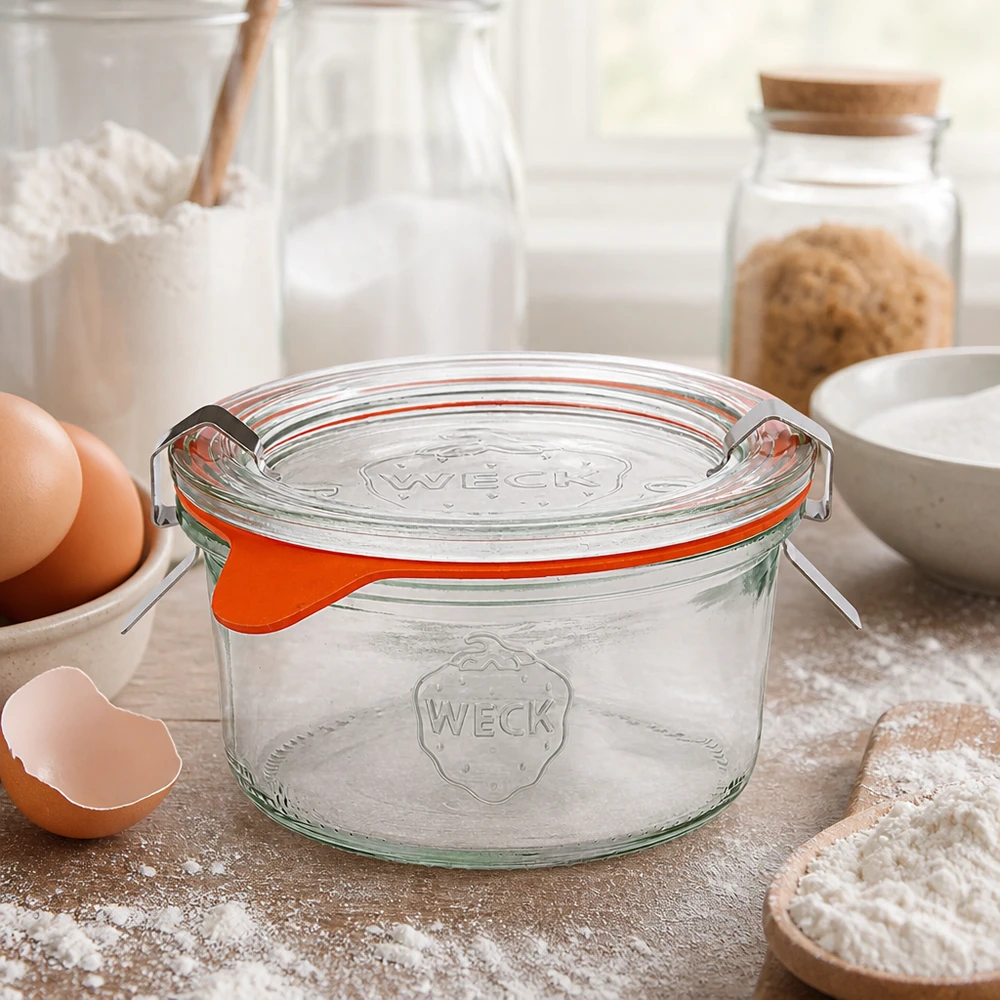 WECK 165ml RR80 keittiön purkki, jossa on leivonta-aineita, munia, jauhoja ja maitoa kotitekoisia reseptejä varten.