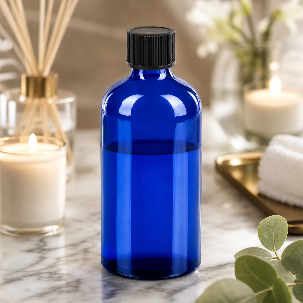 100ml tippapullo 1mm musta vakiosuljin BlueLine UT18/100 Koboltinsininen tippapullo 100ml, jossa on musta korkki, ihanteellinen DIY-kosmetiikkaan ja luonnontuotteisiin.