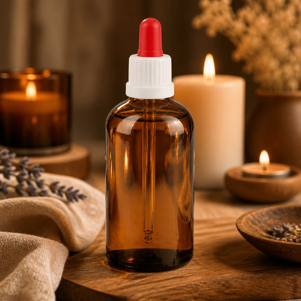 Apteekkipullo 100ml, jossa on pipettikiinnitys, klassista meripihkanväristä lasia turvallista säilytystä varten.