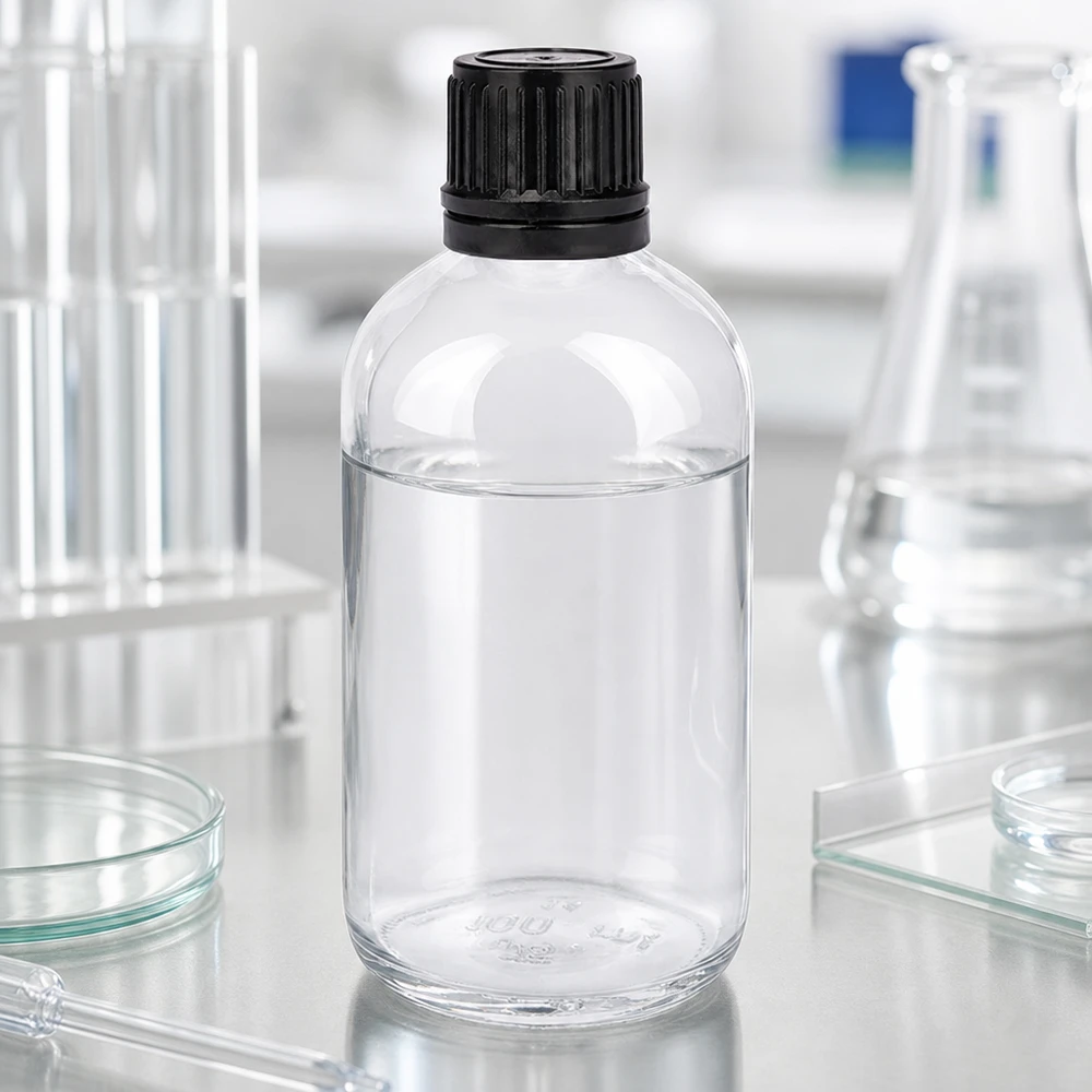 Laboratoriossa otettu kuva 100 ml:n kirkkaasta lasipullosta, jossa on musta kierrekorkki ja jota ympäröivät laboratoriolaitteet
