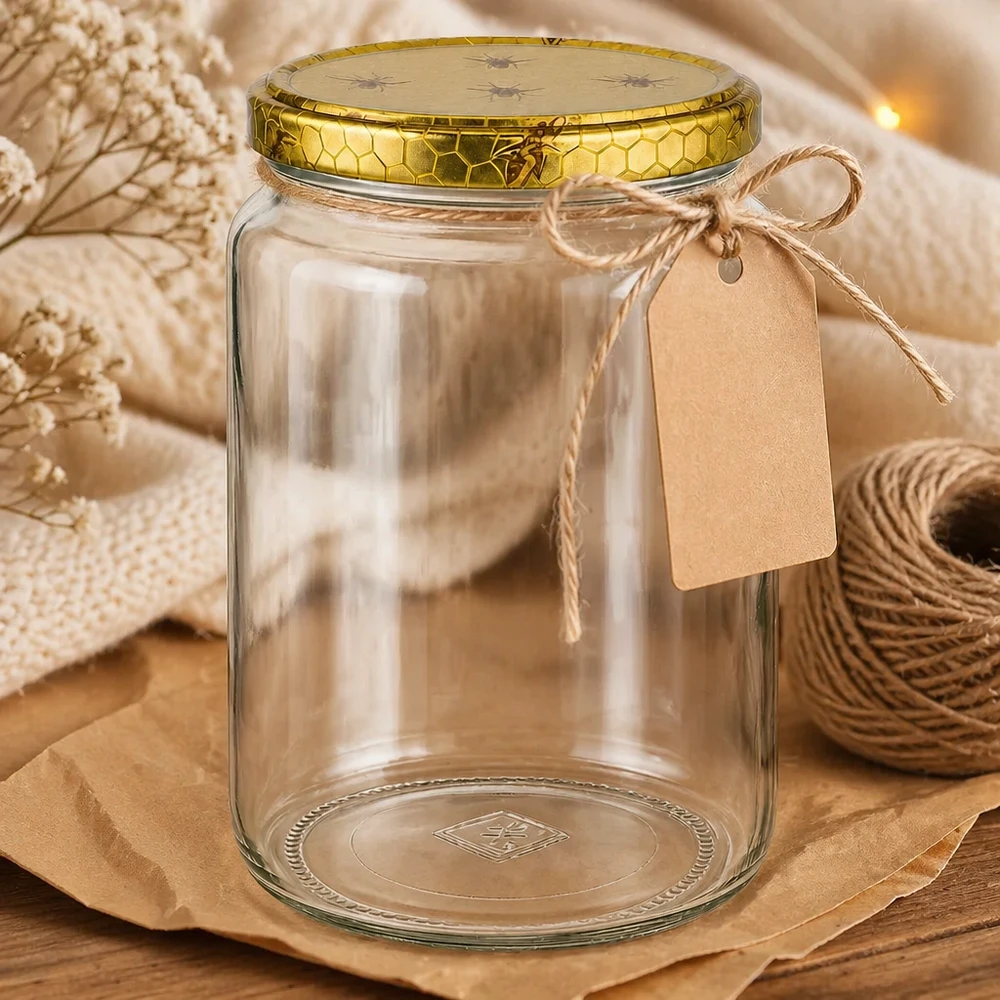 1000g Honigglas mit Bienenwabe Deckel BasicSeal UNiTWIST Dekorativ präsentiertes 1000g Honigglas mit Bienenwaben-Deckel Bastschnur und Etikett auf Holztisch Geschenkidee