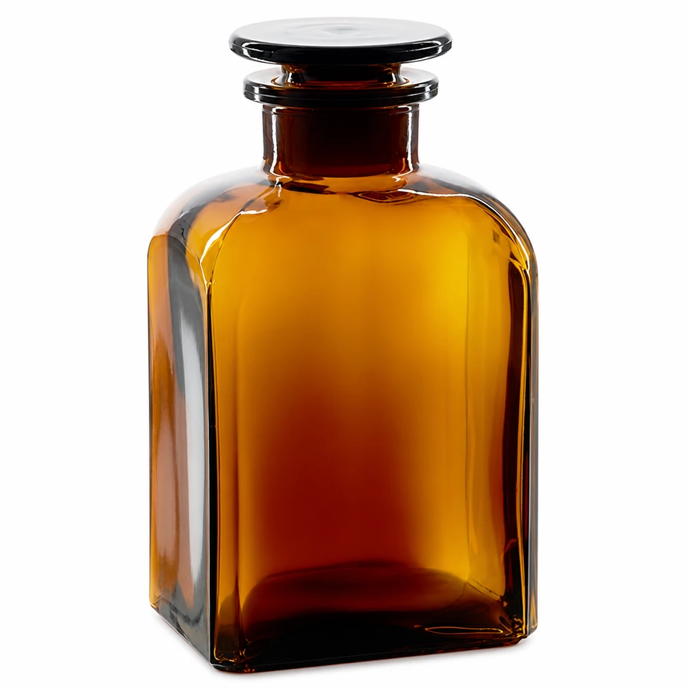 Nelikulmainen pullo 500ml ruskea leveäkaulainen lasitulppa 500 ml:n ruskea neliömäinen leveäkaulainen pullo, jossa on lasikorkki, valmistettu korkealaatuisesta laboratoriolasista
