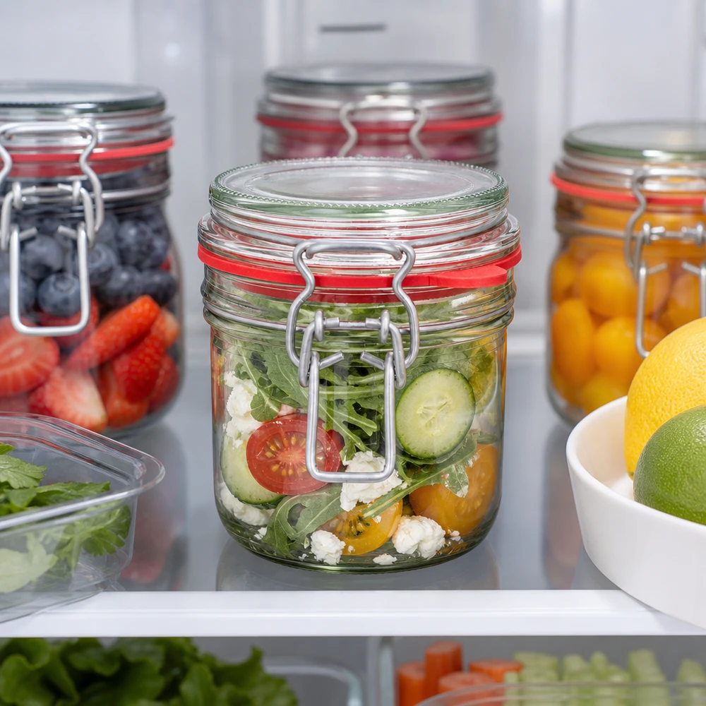 255ml Vorratsglas mit Bügelverschluss im Kühlschrank mit frischem Salat gefüllt neben anderen Meal-Prep-Gläsern