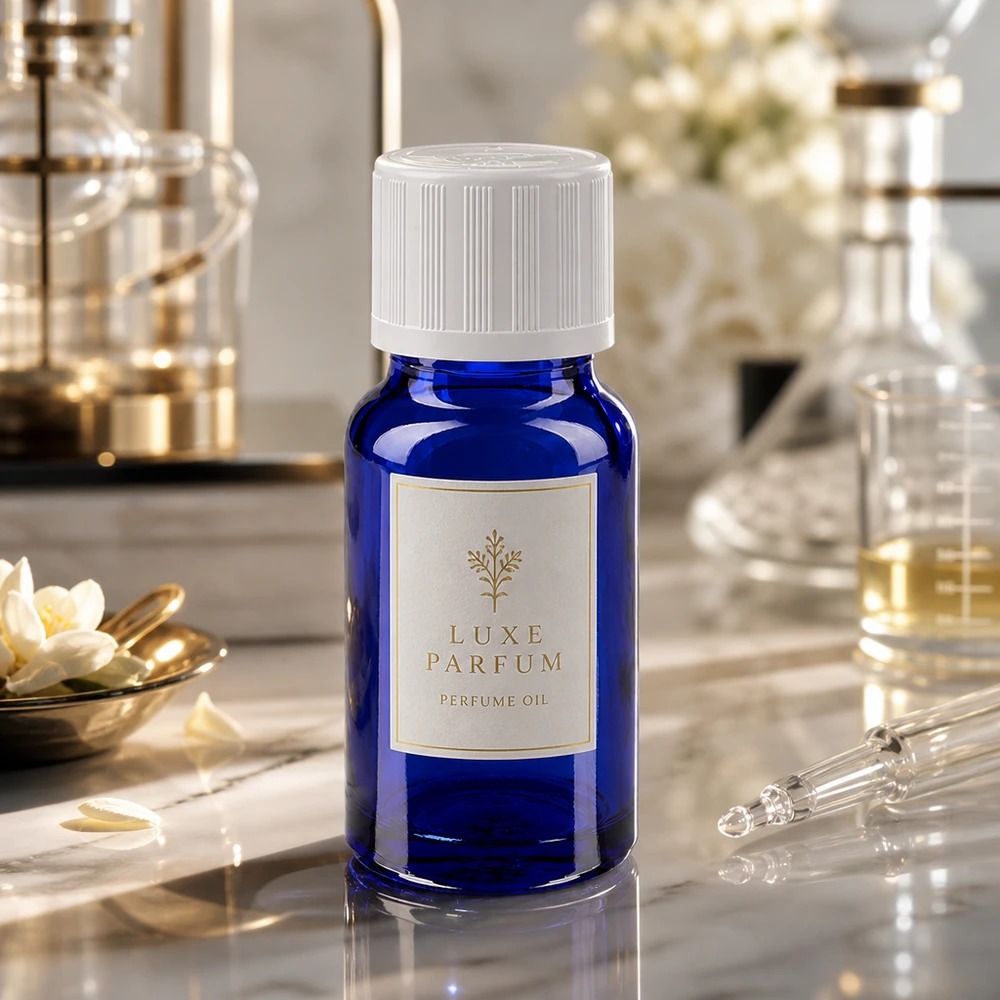 Apteekkipullo sininen 10ml tippapullon korkki valkoinen lapsiturvallinen standardi Luxe Parfum -parfyymiöljy koboltinsinisessä 10 ml:n tiputuspullossa, jossa on valkoinen lapsiturvallinen korkki