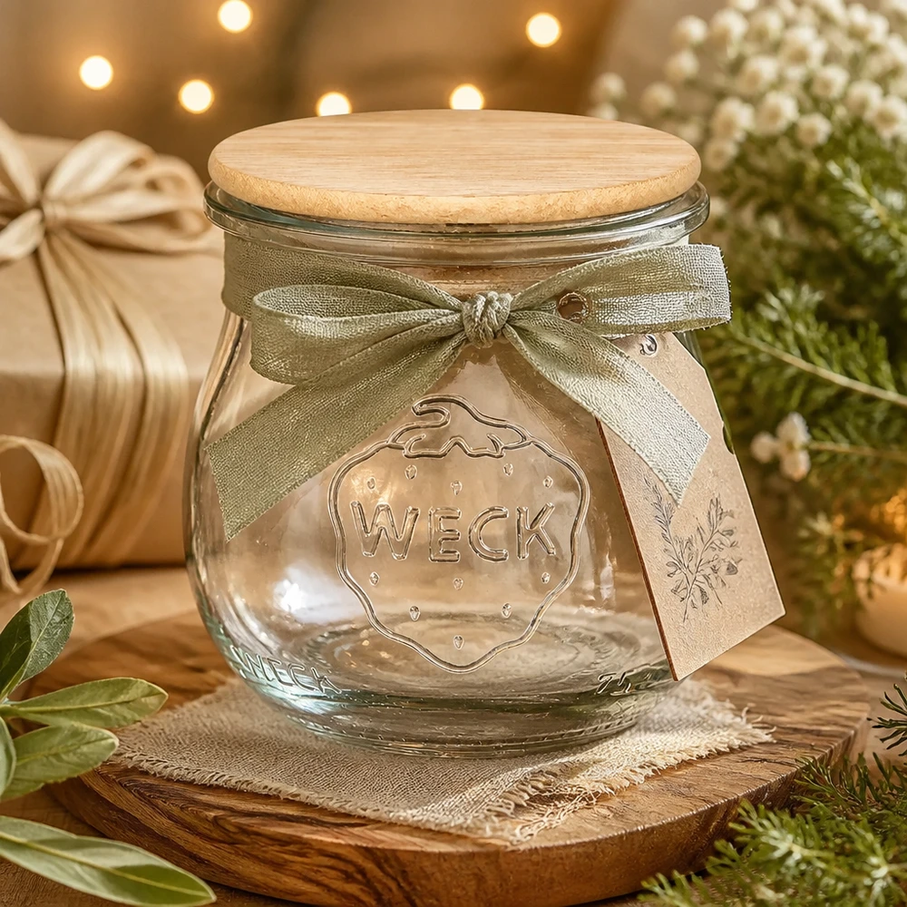 WECK Tulpenglas 75ml mit Holzdeckel als Geschenkverpackung dekoriert mit Schleife für Marmelade und Konfitüre