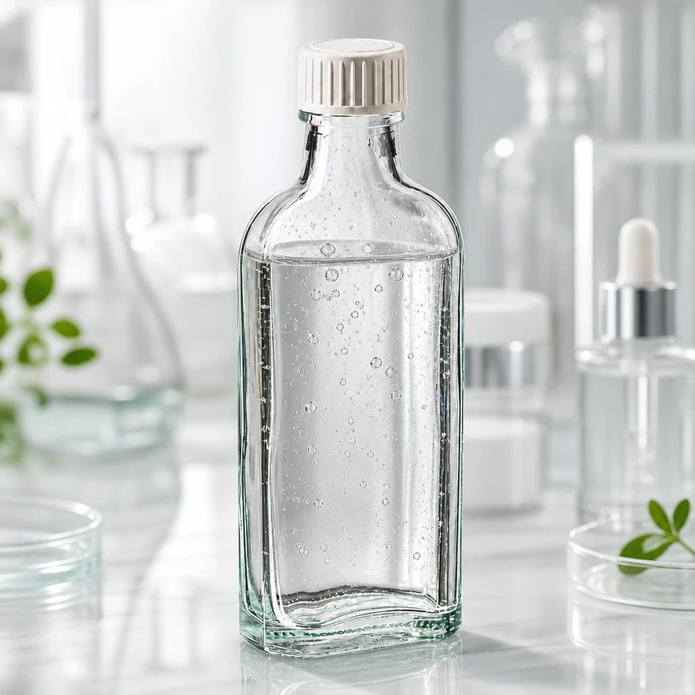 100 ml Meplat kirkas kierrekorkki, jossa PE-vaahtomuovisäke 100 ml:n Meplat-laboratoriopullo, kirkas, kierrekorkilla ja PE-vaahtomuovisisäkkeellä, valkoista laboratoriotaustaa vasten