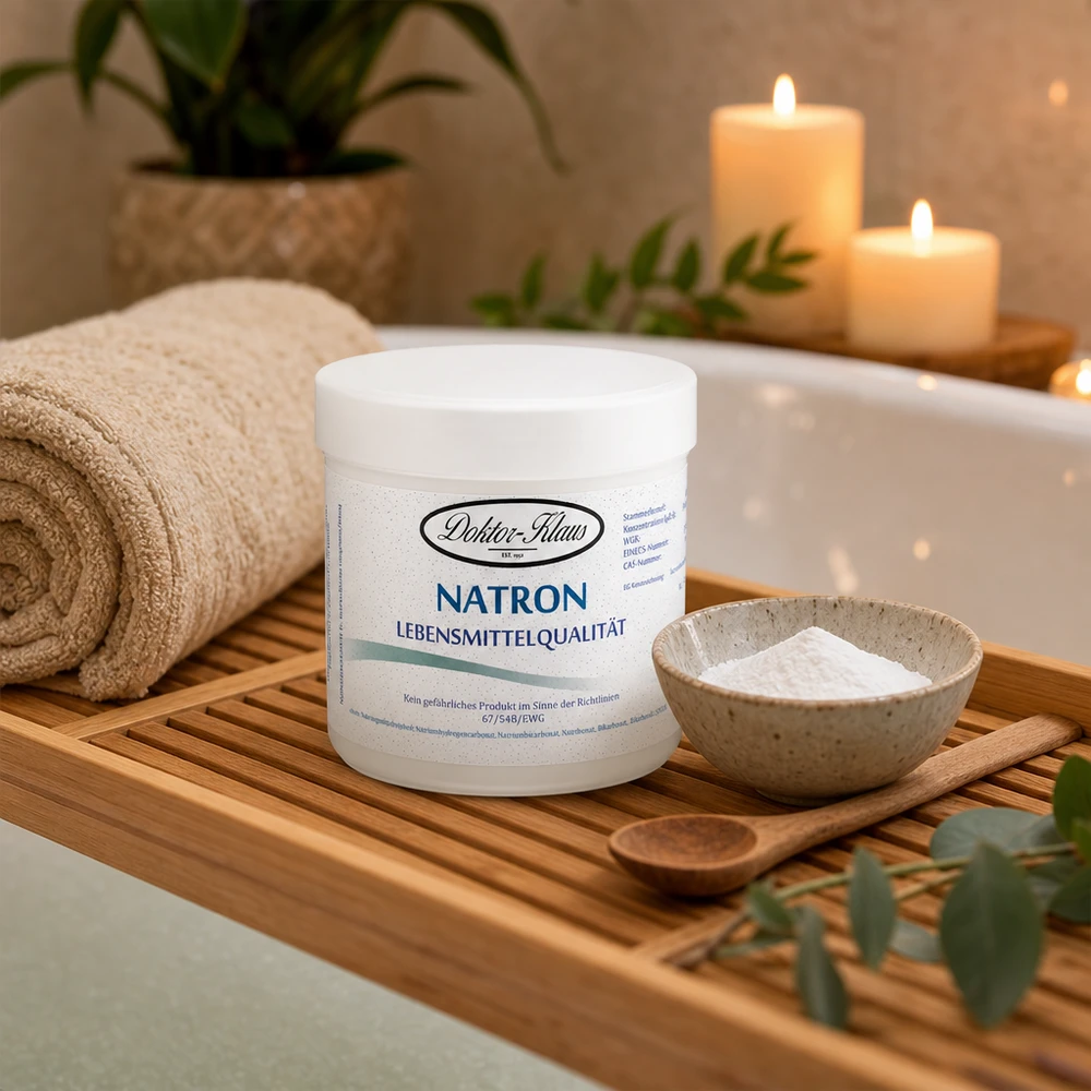Natron Doctor Klaus 250g elintarvikelaatua wellness-kylpyhuoneessa rentouttaviin täyskylpyihin.