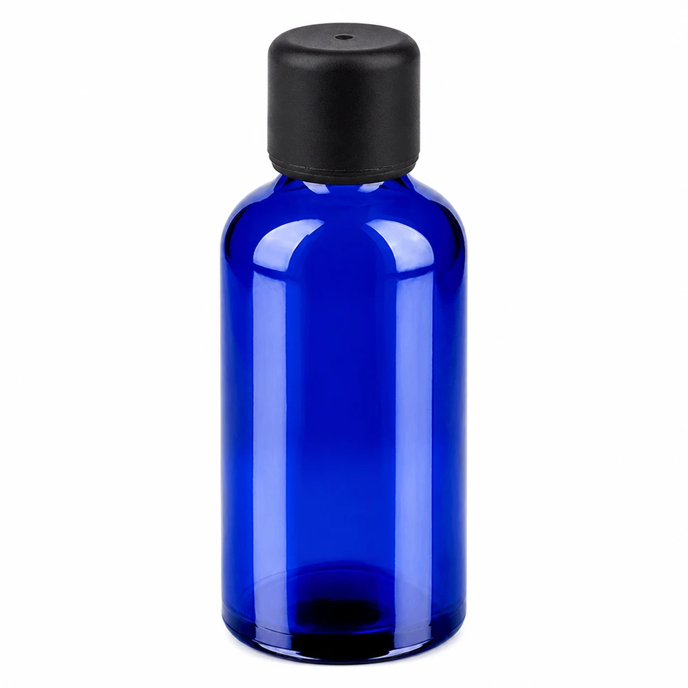 Sininen lasipullo 50ml mustalla korkilla eteerisille öljyille ja kosmetiikalle.
